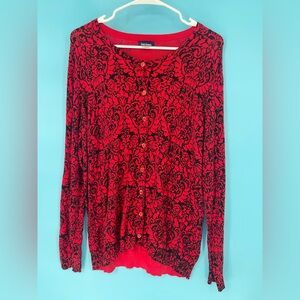 Basic Editions Red and Black Floral Cardigan